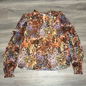 Marie Oliver XS Blouse Orange Brown Hadley Silk Metallic Foilage Print Ruffle
